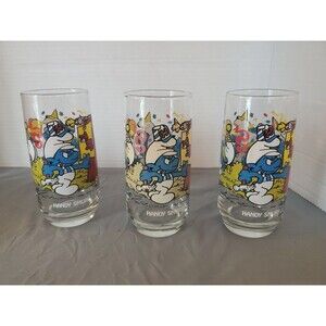 3 Vtg Handy Smurf Tumblers Glasses Licensed Peyo Wallace Berrie & Co 1983